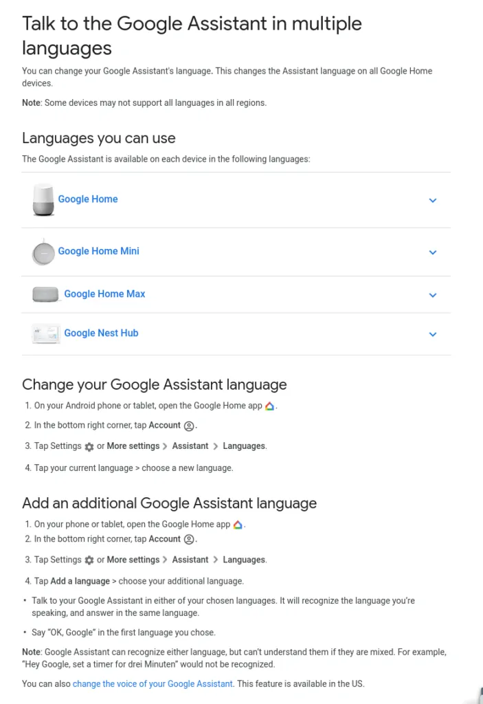 google Home language instruction